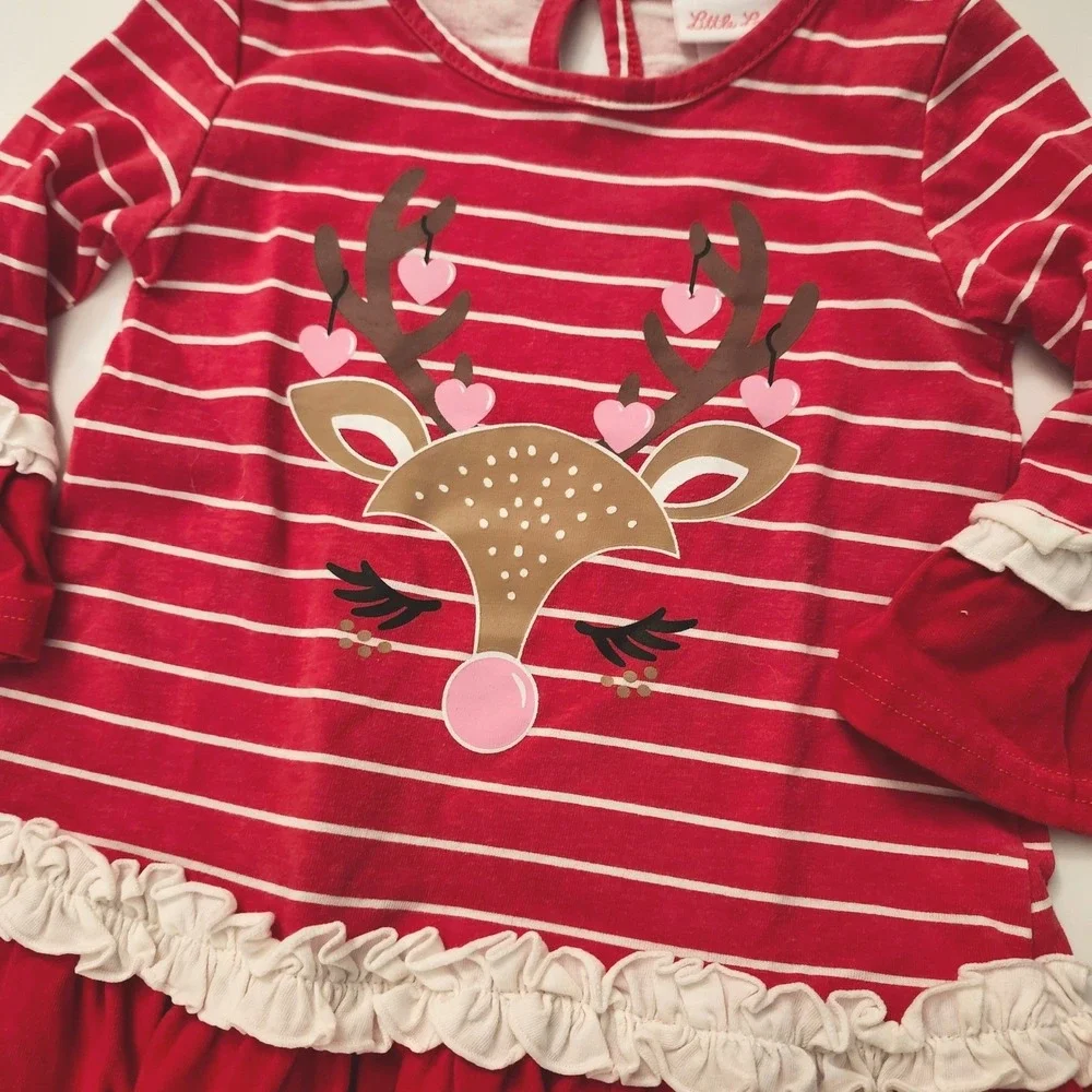 Little Lass Girls 4T Red White Stripe Ruffle Sleeve‎ Reindeer Christmas Dress